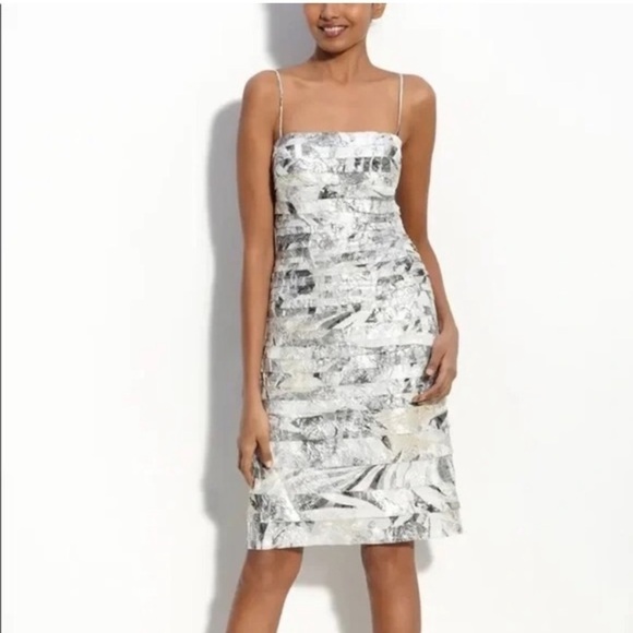 JS Collections Tiered Bandage Abstract Print Crepe Spaghetti Strap Sheath Dress - Picture 2 of 16